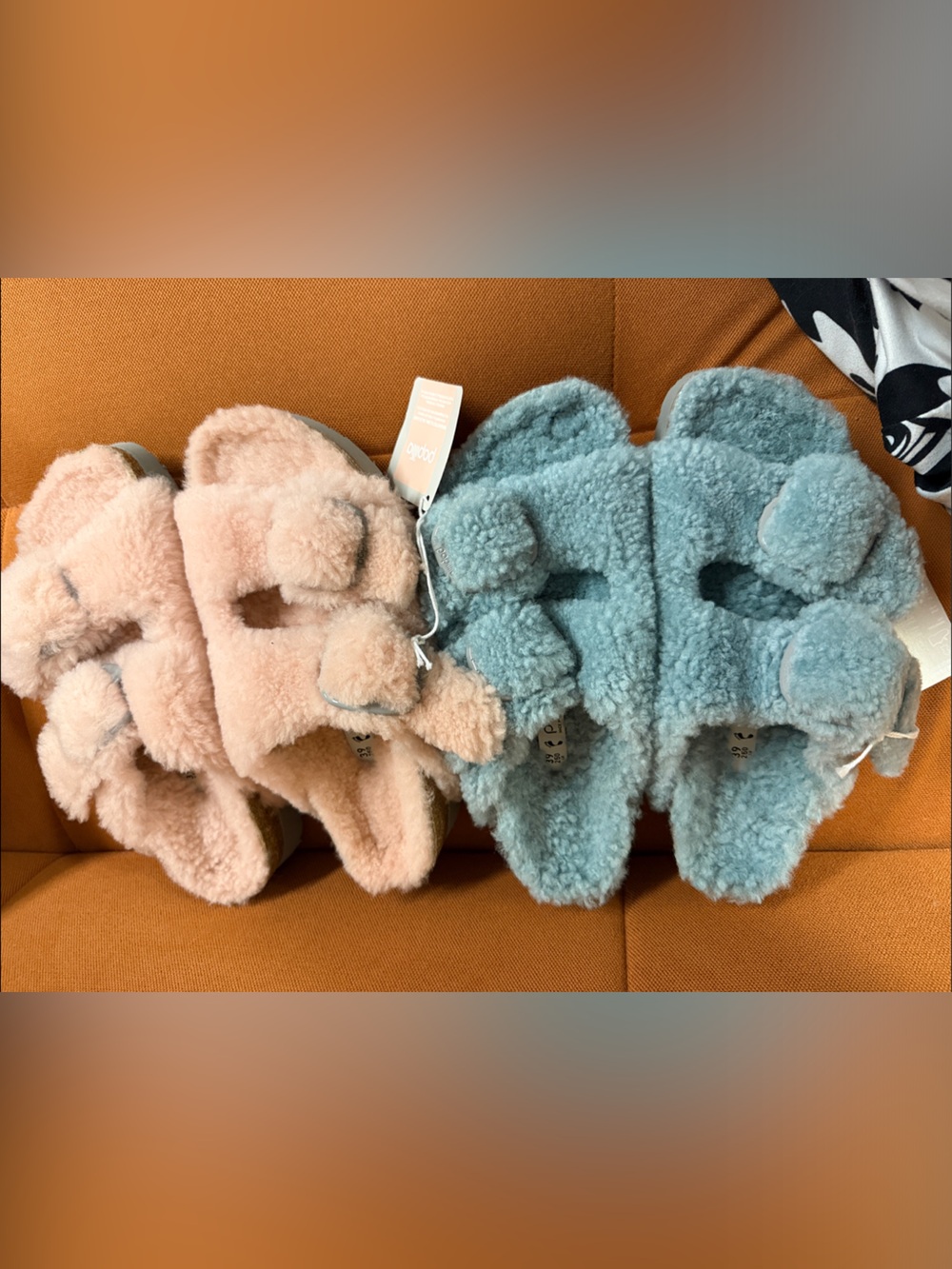 Birkenstock Fuzzy Double-Pom Slide Sandals in Pink and Blue-Green